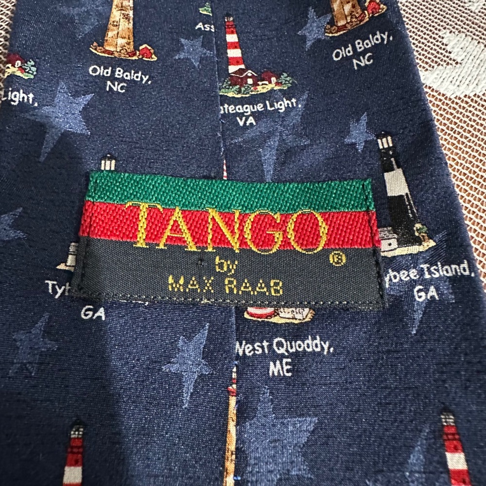 Tango by Max Raab Necktie Mens OS Navy Blue Excellent Lighthouse Americana Silk - Picture 3 of 5